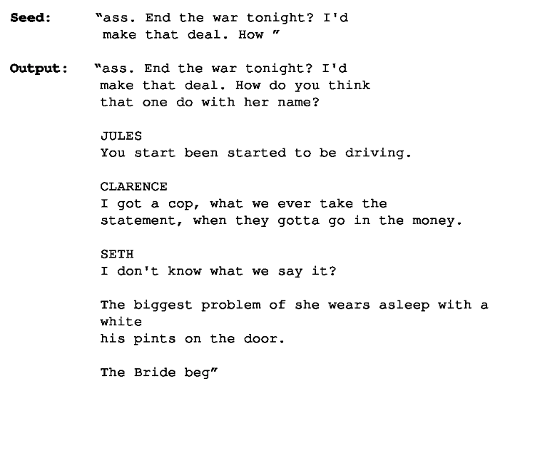 Sample text generated by the model. All formatting (line length, capitalization, line breaks, etc) are from the model itself. The only alteration was to blur out specific curse words.